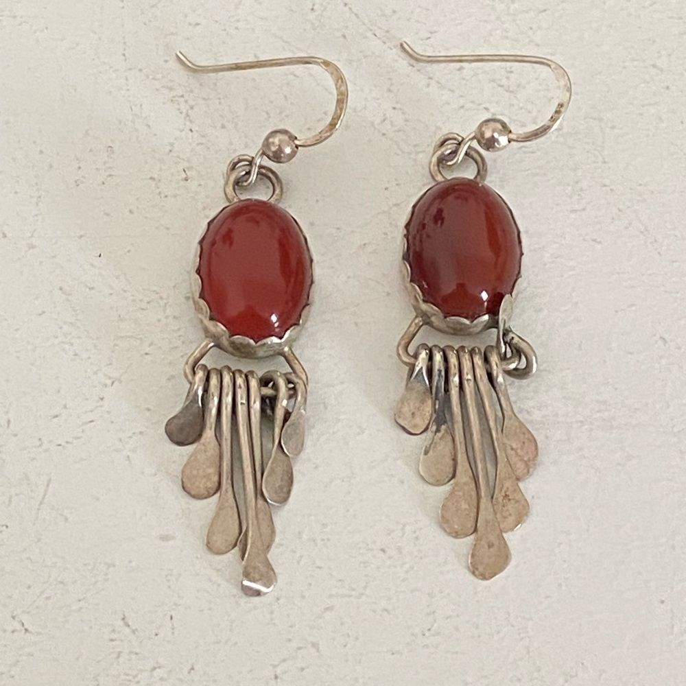 Vintage Navajo Carnelian Dangle Earrings With Fringe